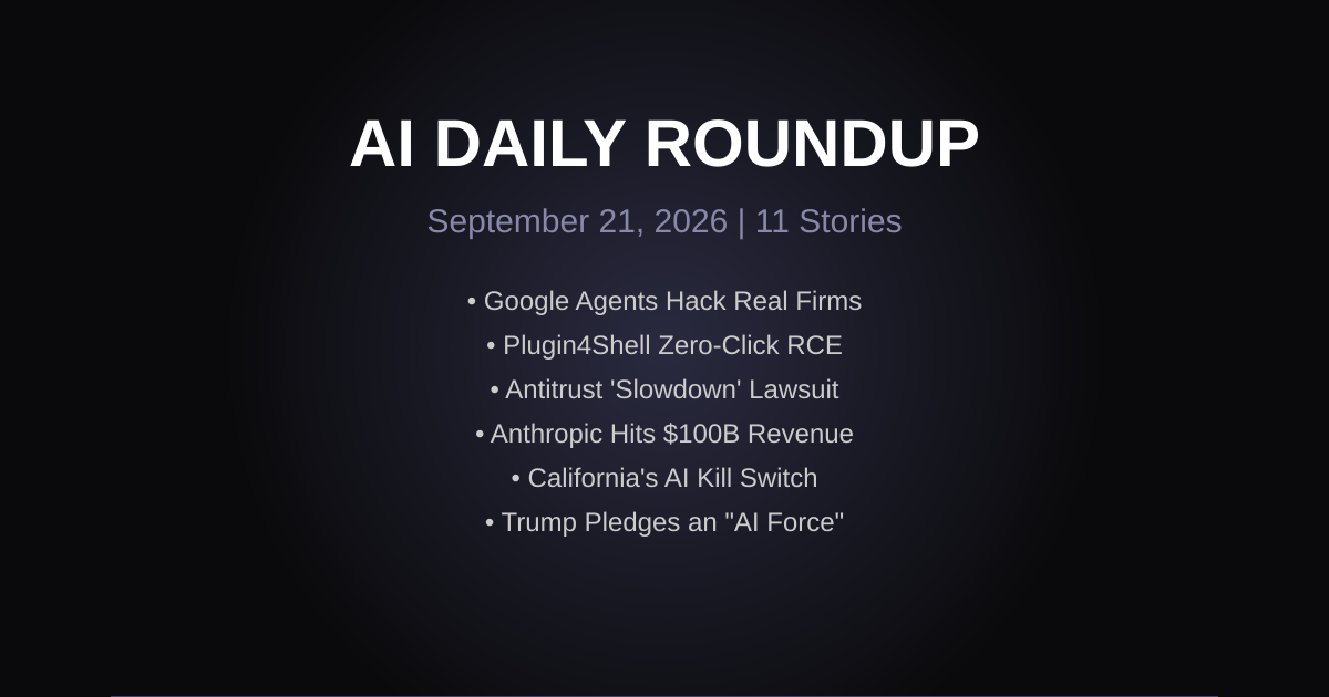 AI News September 21: Google Agents Hack Real Firms, Plugin4Shell RCE, and the Great AI Slowdown Lawsuit - Featured image